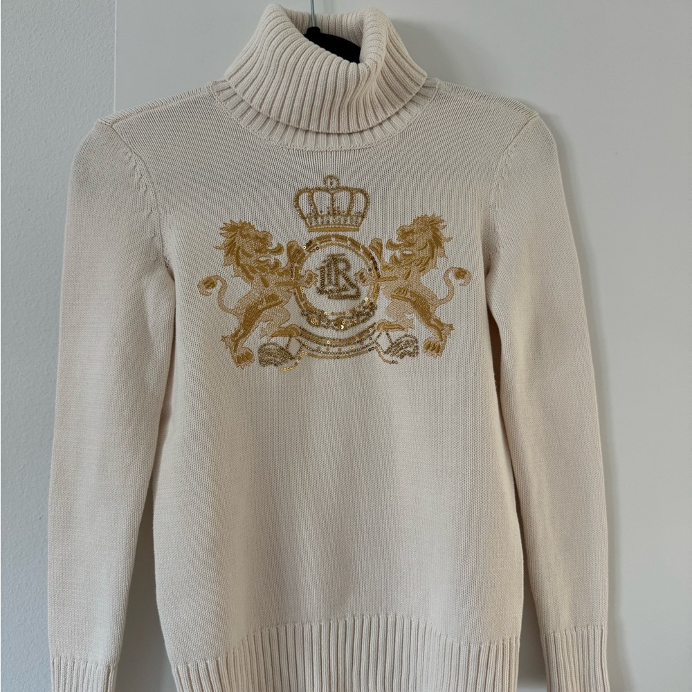 NWT Lauren by Ralph Lauren Gold & Cream Intarsia-Knit Cotton Turtleneck Sweater